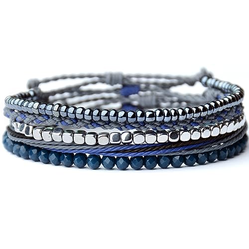 Mezcla Vida Handmade Waterproof Rope Bracelets Pack String & Beaded Bracelet Stack - Set of 5 Stackable Bracelets For Women, Summer Accessories & Bohemian Bracelets for Teen Girls - color: Dark Blue