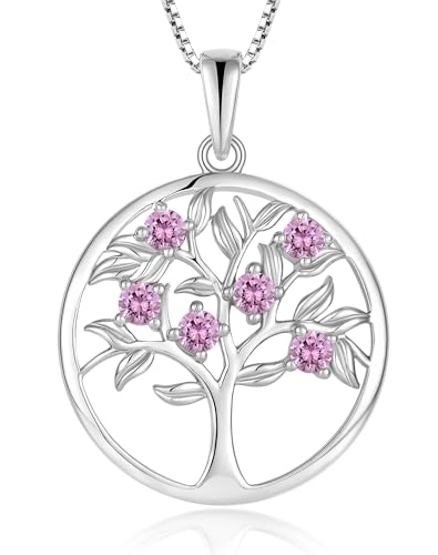 Tree of Life Necklace for Women - Solid 925 Sterling Silver 18K White Gold Plated Birthstone Pendant Jewelry - color: 10_Oct_Pink Tourmaline