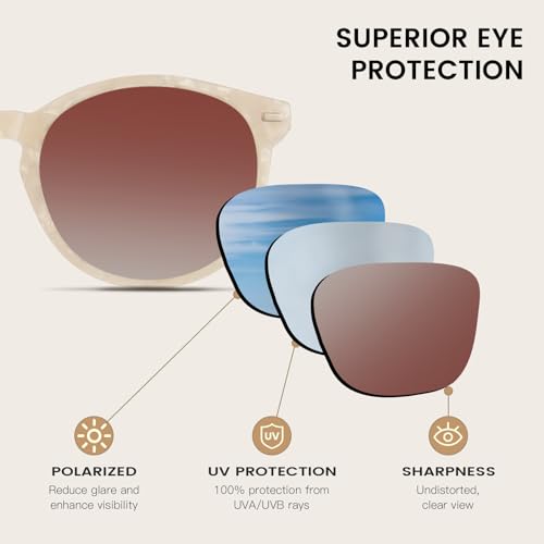 DUCO Women's Trendy Retro Round Acetate Polarized Sunglasses, UV400 99% Glare Block, Lightweight for Daily & Outdoor - color: Beige Frame Brown Lens