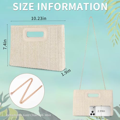 Beach Clutch Bag Straw Summer Clutch Purses for Women Handmade Woven Purse Detachable Gold Chain, Crossbody - color: Beige