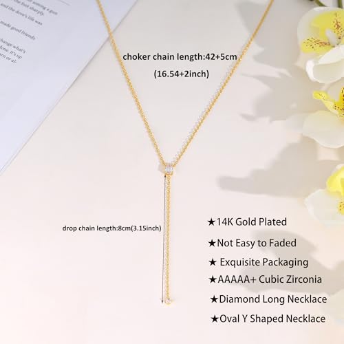 Gold Necklace for Women - Dainty Long Lariat Necklace 14K Gold Plated Clover Star Teardrop CZ Y Shaped Drop Necklaces Cute Long Necklaces for Women Trendy Prom Formal Womens Jewelry - color: Gold-LX Drop