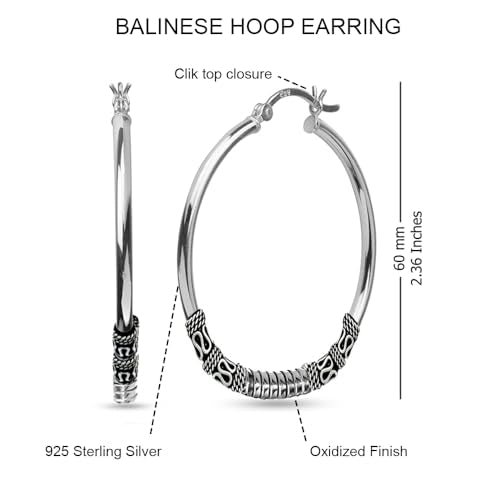 LeCalla 925 Sterling Silver Large Hoop Earrings | Lightweight Antique Bali Hoops | Two-Tone Bohemian Oxidized Balinese Earrings for Women - color: Oversized Bead Bali-60mm