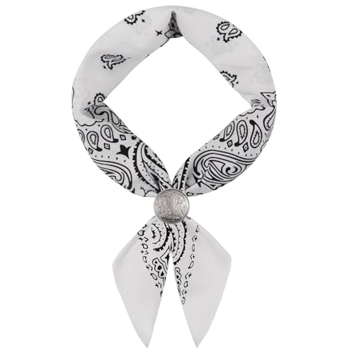 Western Bandana Scarf With Vintage Coin Buckle, Paisley Pattern Neck Scarf for Men Pocket Square Cowboy Scarves - color: White