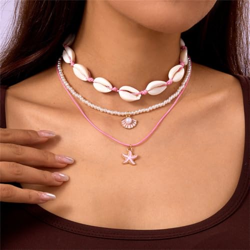 Shell Beach Choker Necklace Set for Women Boho Layered Beaded Adjustable Starfish Conch Shell Nacklace Imitaion Pearl Rice Beads Necklace Summer Ocean Vacation Jewelry - color: Pink