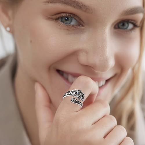 Vito 925 Sterling Silver Adjustable Open Spoon Ring for Women Men, Lotus Sunflower Snake Spoon Band Rings Feather Hug Witches Knot Inspirational Jewelry Gift for Wife - style: Evil Eye