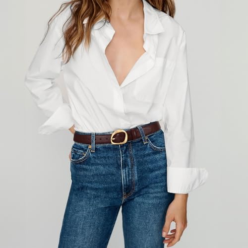 SUOSDEY Women Leather Belt for Jeans Pants, Fashion Dress Waist Belt with Gold Buckle - color: A-coffee, size: S：Fit waist 27''-31''