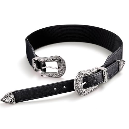 Dubulle Womens Belt Chain Leather Belts Vintage Western Adjustable Elastic Double Buckle for Cowboy Pant Dress - color: Silver Black a