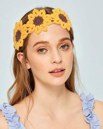 HAIMEIKANG Hippie Hair Bandanas Headbands for Women Boho Headband Knit Hair Bands Floral Head Wrap for Girls(Beige + Pink + Yellow) - color: Beige + Pink + Yellow