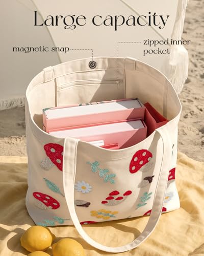 Miss Adola Embroidery Tote Bag with Pocket & Buckle - Reusable Canvas Tote for Women Cute Aesthetic Work Shopping Grocery Bag - style: Shiitake