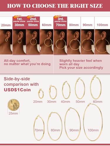 FOCALOOK 14K Gold Plated Lightweight Large Hoops| 2mm Thin Hoop Earrings for Women 30/40/50/70/100mm - color: 01.Gold, size: 70mm
