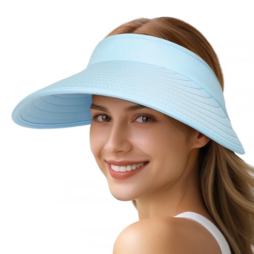 Sun Hats for Women - Wide Brim Sun Visor Hat for Women, UPF50+ Lightweight Foldable Ponytail Sports Cap - color: Blue