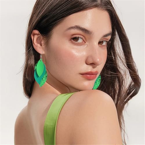 ANXIN boho unique Leather Earrings 2 Layered Lightweight Faux Leather Leaf Earrings Layered Design Drop Earrings Gift for Women - color: Green