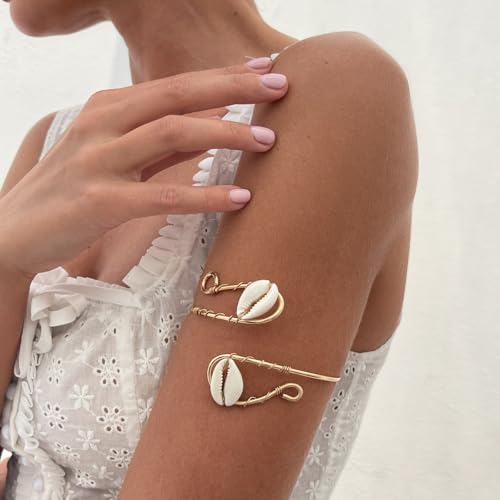 Golden Metal Starfish Seashell Upper Arm Bracelet Flower Charm Bohemia Bracelets for Women Beach Wedding Adjustable Open Cuff Bangle Coil Swirl Armband Party Jewelry - color: Style 01