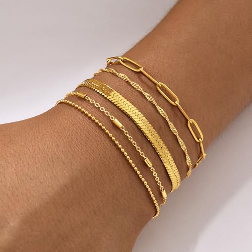 Gold Bracelets for Women, 14K Gold Plated Stackable Bracelet Stack Set Adjustable Charm Paperclip Chain Snake Link Layered Waterproof Jewelry Sets Gifts - style: Bracelets Set /7