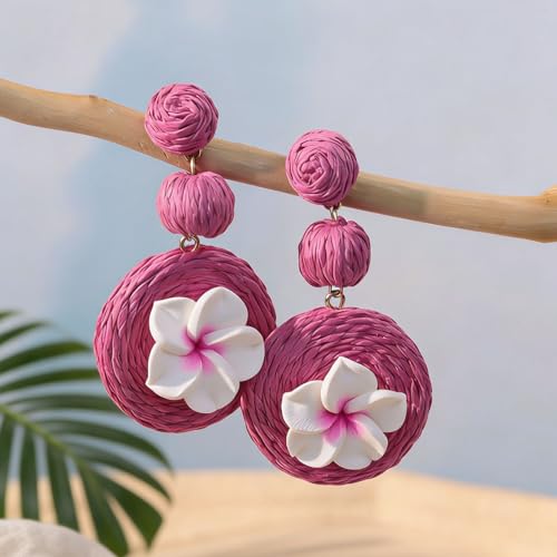 Boho Raffia Ball Earrings for Women, Handmade Statement Drop Earrings Straw Dangle Earrings Beach Vacation Jewelry - color: Hot Pink Flower