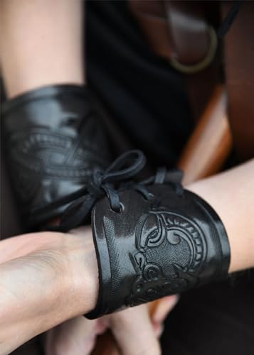 Ulfberth - Pair of Genuine Leather Bracers with Embossed Dragon Motif in Jelling Style - Viking Wristband - color: Black