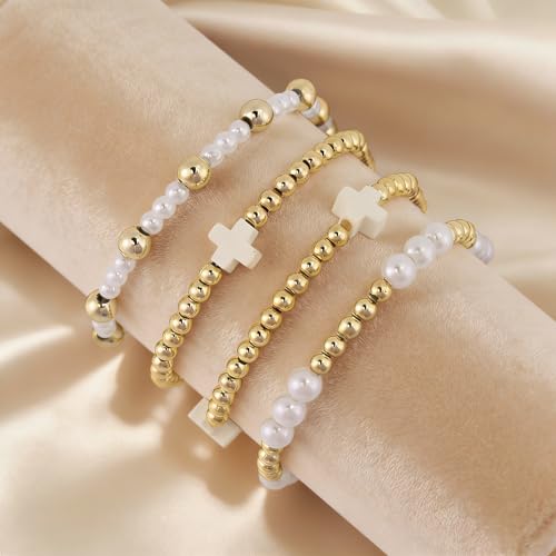 VIBILIA Gold Beaded Bracelets Set for Women 14K Gold Plated Dainty Pearl Cross Bracelet Stack Stretch Bracelet Set Fashion Accessories Gifts - color: 4P-XY-396-White