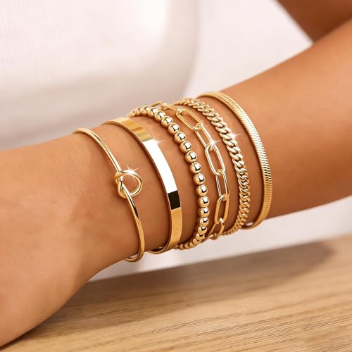 6Pcs 14K Gold Plated Bracelets for Women Layered Bangle Cuff Stack Set Adjustable Stacking Jewelry Set Gifts - color: 6PC-gold