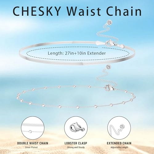 CHESKY 14K Gold Plated Silver Plated Waist Chain for Women, Layered Belly Belt Chains Beach Waist Beads Chain Waterproof Snake Cuban Body Chain Summer Jewelry Accessories for Women - style: snakebead-sl
