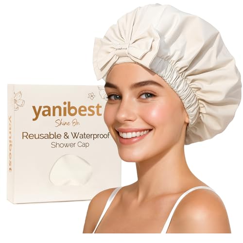 Yanibest Shower Cap Reusable Waterproof, Wide Elastic Band Bath Cap - Comfortable & Durable Bath Hair Hat for Women - color: Beige