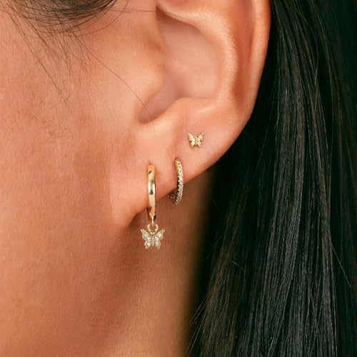 3 Pairs Small Earring Stacks, 14K Gold/Silver/Black/Rose Gold Plated Pearl Heart Butterfly Star Diamond Charm Drop Huggie Earrings Trendy Jewelry Gift for Women - color: Gold-Butterfly