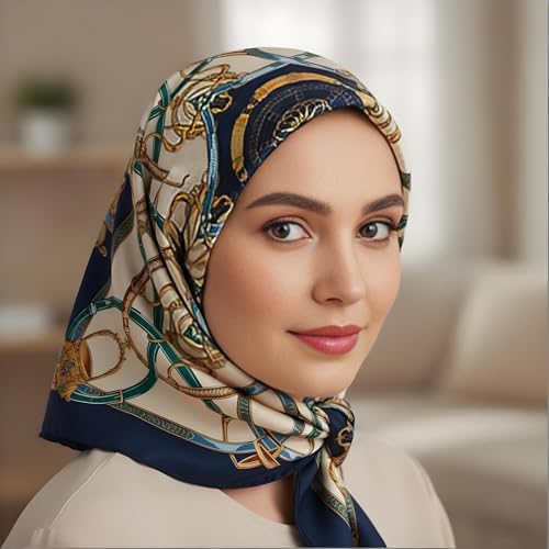 Premium Floral Scarf for Women 35x35 Square Silk Feel-Lightweight Scarves Headscarf Bandanas Wrapping Handbag - color: Golden Intertwined Chains