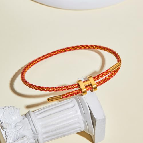 AIMADE Bracelets for Women Adjustable Charm Bracelet, 18k Gold-plated Buckle Design Titanium Steel Wire Rope Women's Gift Jewelry - color: Gold-Red