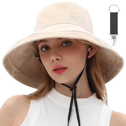 vidsel Womens Sun Hats Wide Brim Reversible Bucket Cotton Hat Packable Summer Travel Cap with Hat Clip,UV Protection - color: Medium-beige1, size: Medium