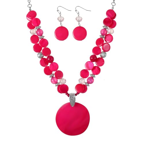 Layered Beads Statement Fashion Necklace Chunky Jewelry Set Big Colorful Glass Stone Circle Shell Pendant Choker Necklace and Earring Set for Women - color: Hot pink