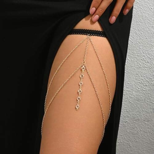 Gold Thigh Chain Rhinestone Leg Wrap Garter Belt Boho Beach Body Chain Bikini Thigh Accessory for Women