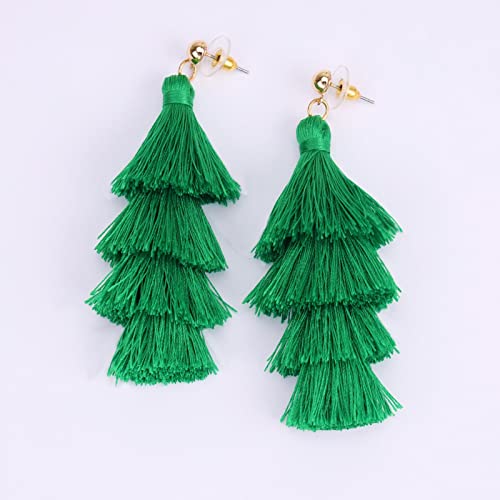 BaubleStar Tassel Earrings Handmade Tiered Thread Tassel Dangle Earrings, Multi Colors - color: Forest Green