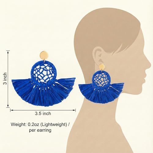 Boho Raffia Summer Beach Earrings for Women, Large Statement Dangle Drop, Lightweight Handmade Woven Fan Tassel Jewelry - color: Navy Blue