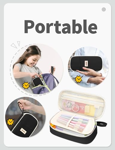 SUNEE Cute Pencil Case, Aesthetic Pen Pouch, Colored Large Pencil Bag with Zipper, Kawaii Stationery Storage and Organizer, School Supplies for Teen and Adult Girls, Black - color: Black