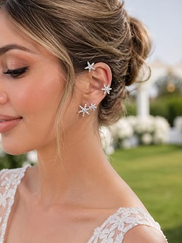 2PCS Glitter Rhinestone Snowflake Ear Cuff Vintage Flowers Non-Piercing Fake Earrings Bridal Wedding Climber Ear Wrap Prom Ball Ear Jewelry for Women