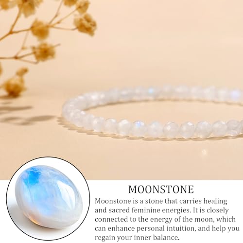 Natural Gemstone Beads Bracelets Healing Crystal Stone Beaded Bracelet for Women Men Handmade Spiritual Jewelry Gifts - color: Moonstone, size: Faceted Round Beads