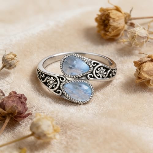 Adjustable Thumb Rings for Women Vintage Moonstone Obsidian Turquoise, Spoon Style Adjustable Ring Gift for Her, Sister, Mom – Natural Gemstone Jewelry - style: Moonstone Flower Ring