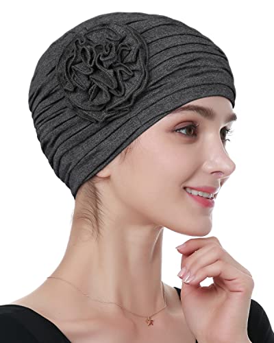 Alnorm Flower Design Chemo Hair Loss Caps Cancer Headwear for Women - color: Dark Hemp Grey