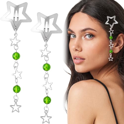 Pndeyo 2pcs Star Tassels Hair Clips for Women, Non-Slip 2000s Y2K Hair Snap Barrettes with Green Bead, Cute Star Beaded Pendant Hair Pin Accessories for Braid Long Short Thin Thick Hair- Silver - color: Silver-2pcs-A Style