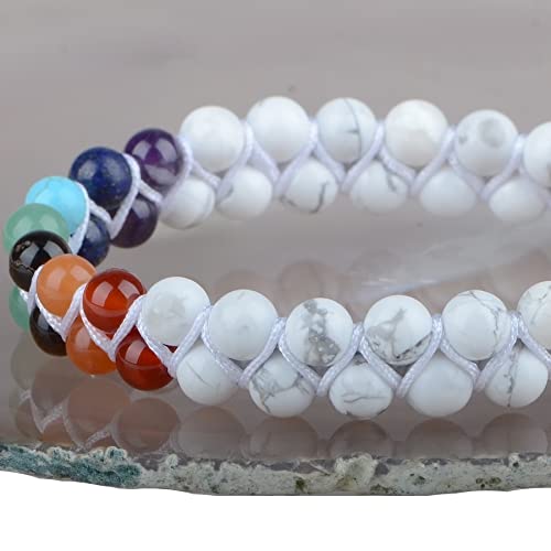 MASSIVE BEADS Double Layer Natural Chakra Healing Power Crystals Macrame Bracelet Yoga Stone Beads Gemstone Meditation Relax Anxiety Bangle for Unisex Women Men - color: 7-Chakras&Howlite, size: 4mm