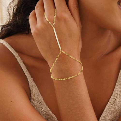 Gold Bracelets for Women Trendy, Dainty Gold Hand Chain Bracelets Stackable 14k Gold Plated Finger Ring Bracelet Hand Chain Cz Flower Layered Link Bracelets for Women Non Tarnish Jewelry Gifts - style: cz layered hand chain bracelet-gold