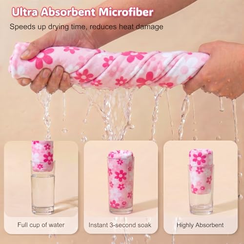 Basumee Microfiber Hair Towel Wrap for Kids 2 Pack Rapid Drying Hair Towel with Button Hair Turbans for Wet Hair Wraps Head Towel Wrap for Women and Girls - color: Pink White Purple Flowers