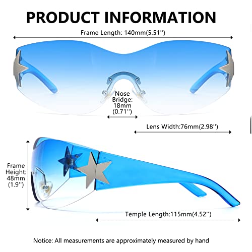 Rimless Y2K Sunglasses for Women Men Wrap Around Fashion Sunglasses Oversized Frameless Trendy Sun Glasses - color: Gradient Blue Lens/Blue Frame