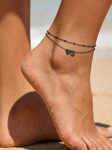 Silvora Ankle Bracelets for Women Waterproof 14K Gold/Silver/Black Initial Anklet for Women Dainty Layered Heart Ankle Bracelets Stainless Steel Adjustable Foot Chain Anklet Summer Beach Jewelry - color: Black-Stainless Steel, size: 16.P