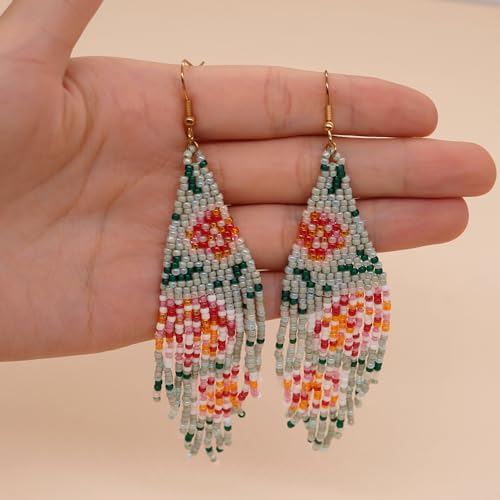 Flower Black Beaded Long Tassel Western Native American Earrings For Women Dangling - color: rose