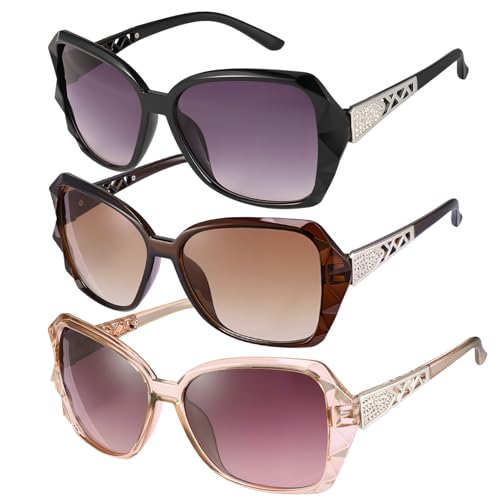 3/4 Pcs Women Large Sunglasses UV 400 Glasses Oversized Classic Trend Ladies Sunglasses with Shiny Large Frame - color: Black/Brown/Champagne