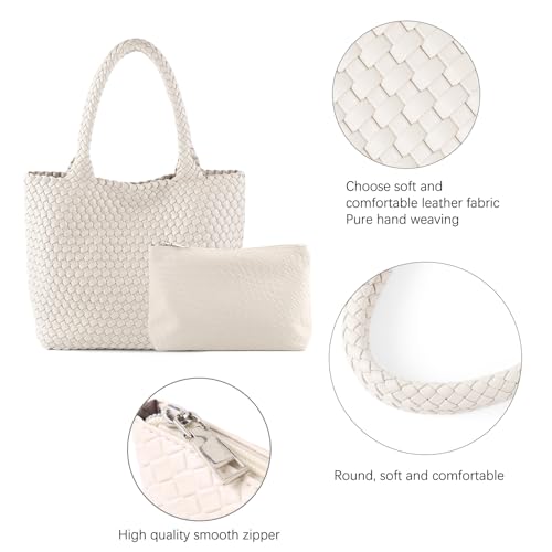 Hand Woven Bag Tote BagS For Women Top Handle Shoulder Vegan Leather Large Travel Beach Hobo Handbag - color: Beige