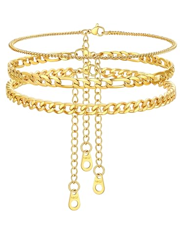 FindChic Black/Silver/Gold Plated Anklets Set of 2PCS/3PCS Herringbone Chain Cuban Link Heart Charm Sparkling Tennis Ankle Bracelets, Waterproof Summer Foot Jewelry for Beach - color: 02: Gold-3PCS Layered Cuban & Figaro