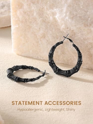 KeyStyle Bamboo Hoop Earrings for Women, Stainless Steel 90s Hoops Earring Lightweight Loops for Party, 2 mm Thick Hypoallergenic Vintage Circle Endless Thin Hoop (40mm, 60mm, 80mm,) - color: Black Plated-40mm