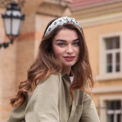 3-Piece Top Knotted Floral Pattern Headbands for Women & Girls, Cute Flower Print Knot Headband, Non Slip Fashion Hair Bands Hairbands (Black) - color: Black