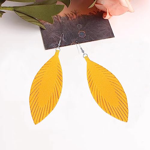 Large Genuine Soft leaf Leather Handmade Fringe Tassel Feather Lightweight Tear Drop Dangle Color Earrings for Women - color: Yellow
